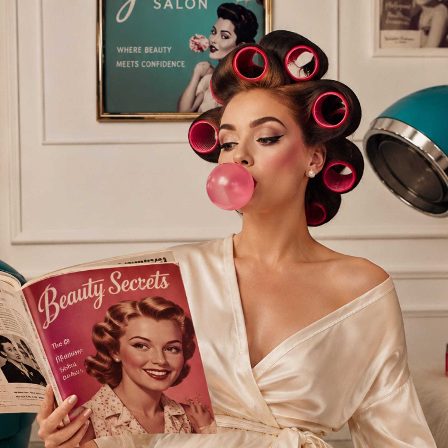 Woman in robe with curlers and bubble gum, reading "Beauty Secrets" magazine in salon.